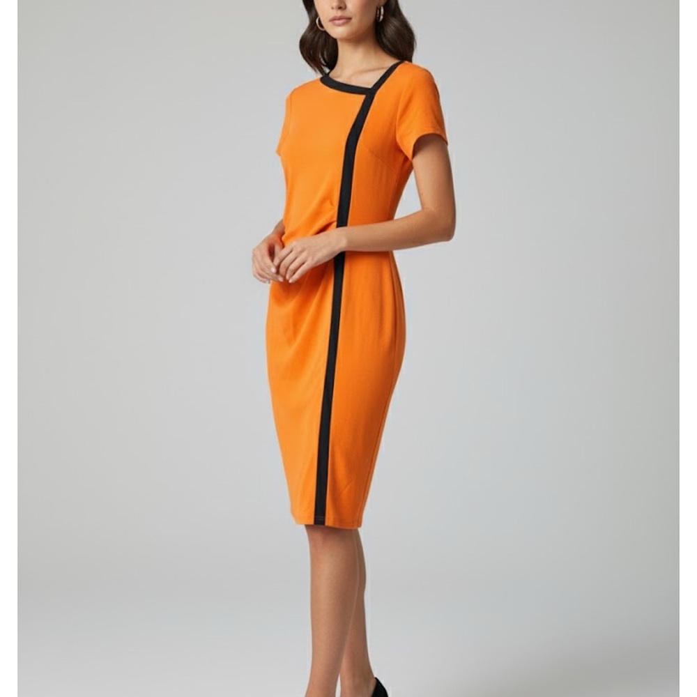 Orange & Black Asymmetric Neck Sheath Dress Workwear Short Sleeve